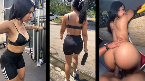 Chica caliente teniendo sexo con su personal después del entrenamiento