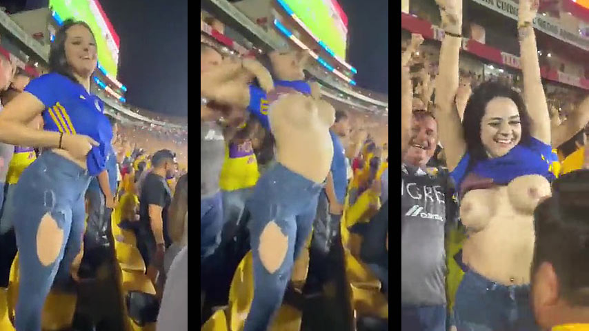 Fanática desnuda en el estadio mostrando sus pechos