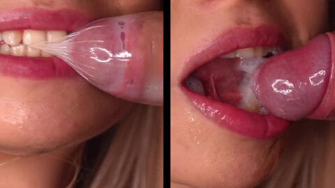 Rompiendo el condón y bebiendo semen